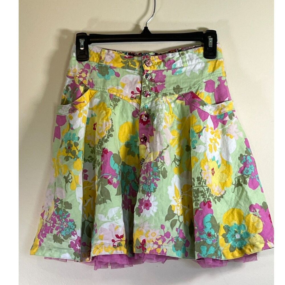Floral Skirt Pastel Green Yellow‎ Pink Cotton Blend Tulle Trim Cute Party